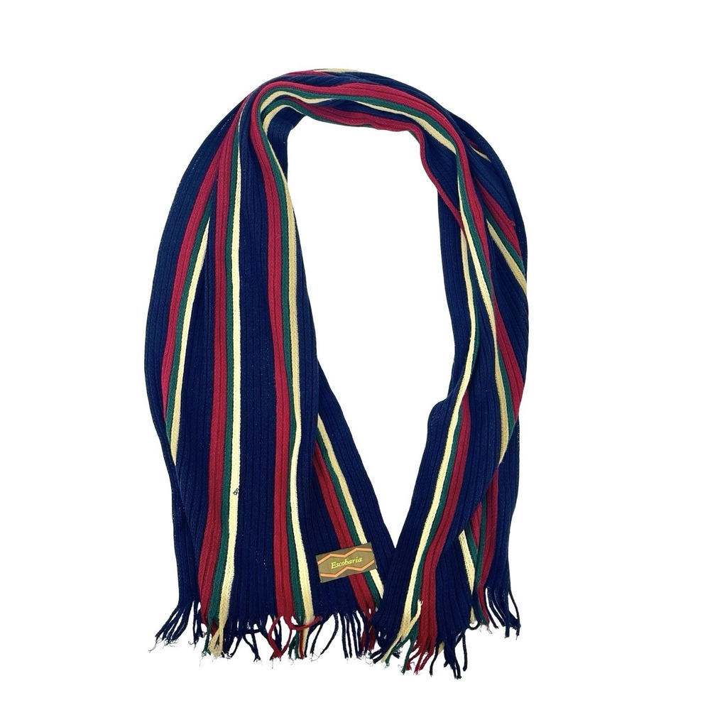 Escobaria Striped Knit Scarf Navy Red Green Yellow Fringe 58" Vintage Style